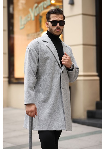 Erkek Kemerli Oversize Rahat Kesim Kaşe Kaban