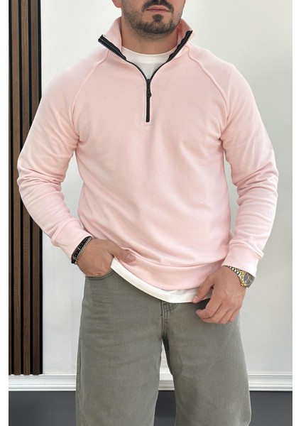 Erkek Yarım Fermuarlı Sweatshirt Pembe Edw212