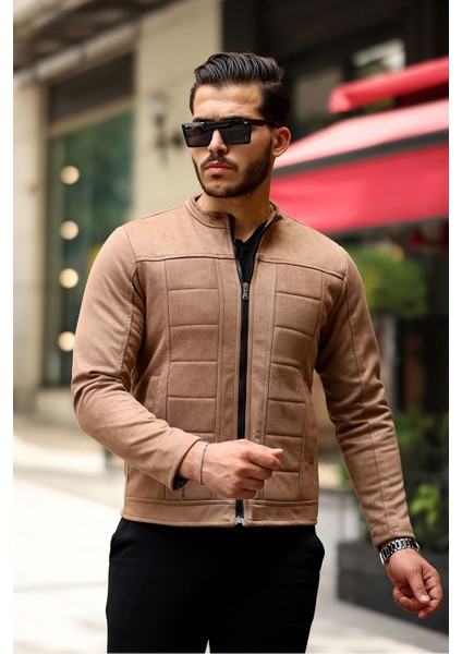 Erkek Su ve Rüzgar Geçirmez Slim Fit Astarlı Mevsimlik Süet Ceket
