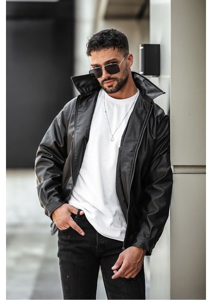 Oversize Rahat Kesim Siyah Deri Ceket