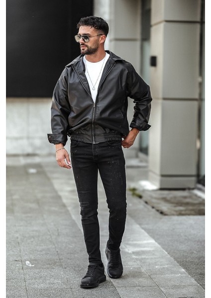 Oversize Rahat Kesim Siyah Deri Ceket