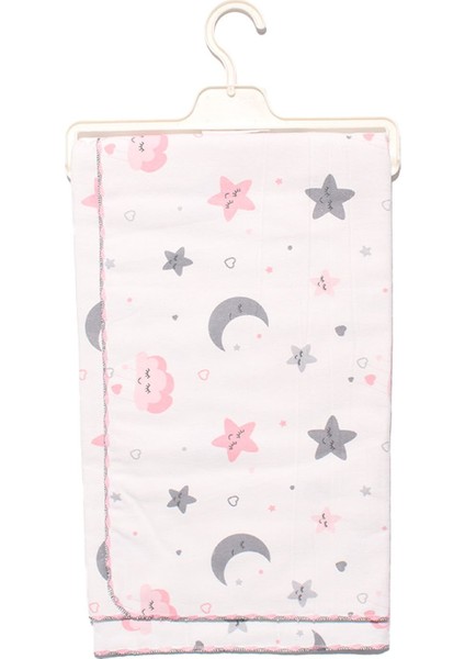 Unisex Beyaz Pembe Biyeli Bulut Ay Yıldız Desenli Pazen Battaniye