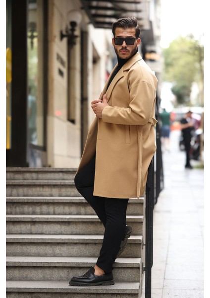 Erkek Kemerli Oversize Rahat Kesim Kaşe Kaban modelleri