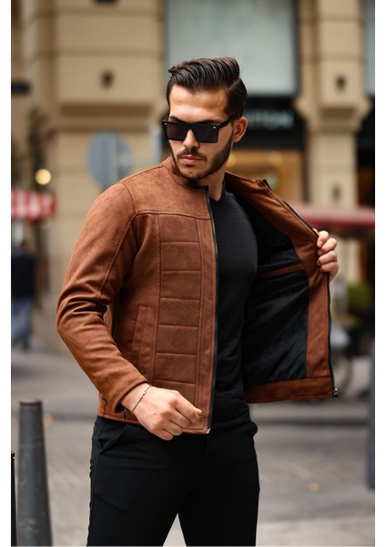 Erkek Su ve Rüzgar Geçirmez Slim Fit Astarlı Mevsimlik Süet Ceket