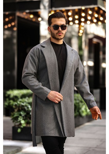 Erkek Kemerli Oversize Rahat Kesim Kaşe Kaban
