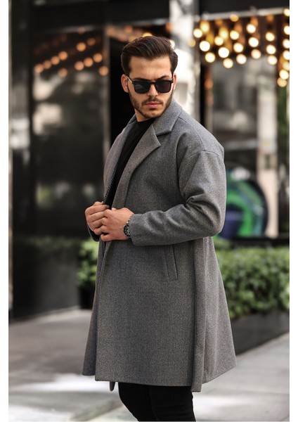 Erkek Kemerli Oversize Rahat Kesim Kaşe Kaban