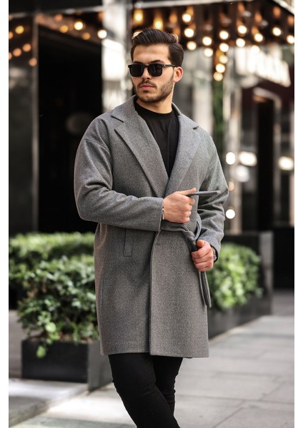Erkek Kemerli Oversize Rahat Kesim Kaşe Kaban