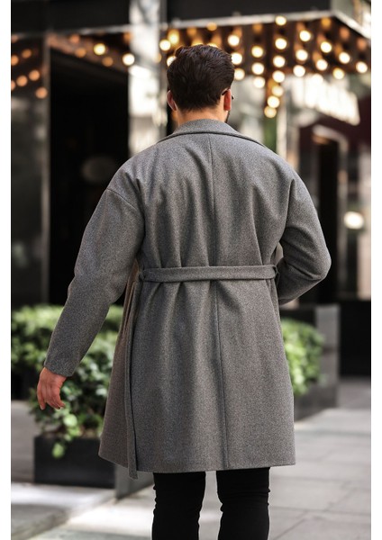 Erkek Kemerli Oversize Rahat Kesim Kaşe Kaban