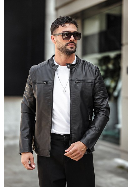 Yeni Sezon Erkek Siyah Dar Kesim Deri Ceket
