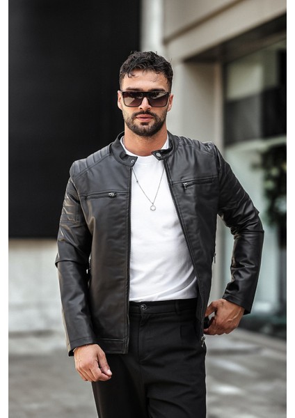 Yeni Sezon Erkek Siyah Dar Kesim Deri Ceket