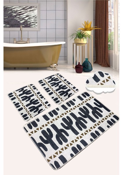 Cactus Time Djt 3'lü Set Banyo Halısı Paspas Kaymaz Taban Yıkanabilir Klozet Takımı