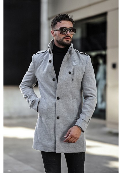 Erkekler İçin Uzun Kaşe Kaban Biker Yaka Düz Desen Kışlık L Beden indirimleri