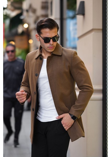 Dar Kesim Uzun Kaşe Kaban Kışlık Kullanım İçin Yandan Cepli Tasarım