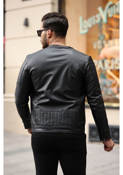 Erkek Siyah Dar Kesim Deri Ceket