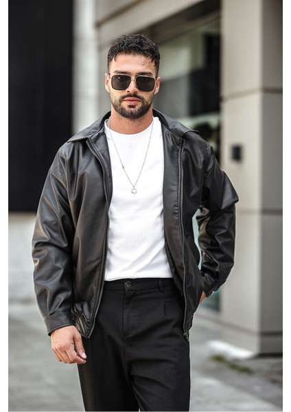 Oversize Rahat Kesim Siyah Deri Ceket