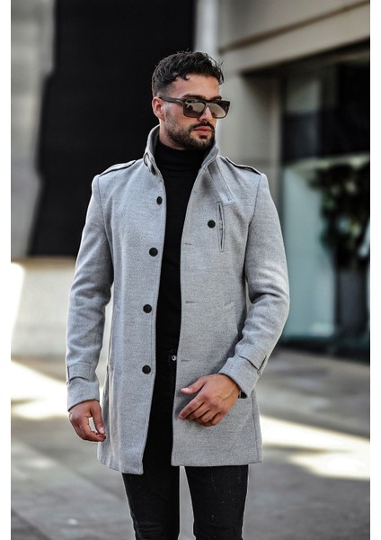 Erkek Oversize Kaşe Kaban Biker Yaka Midi Kışlık Rahat Kesim