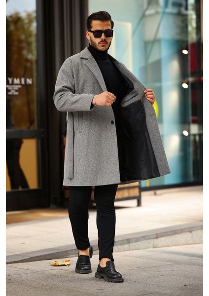 Erkek Kemerli Oversize Kaşe Kaban Uzun Kol Düz Desenli Kışlık Moda