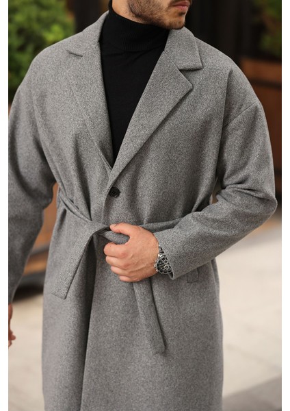 Erkek Kemerli Oversize Kaşe Kaban Uzun Kol Düz Desenli Kışlık Moda fırsatları