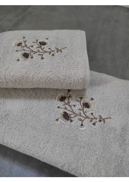 2'li Bambu Banyo Havlu Seti - Çiçek Nakışlı Havlu Takımı - Tivoli Lisette - Kapuçino fiyatları