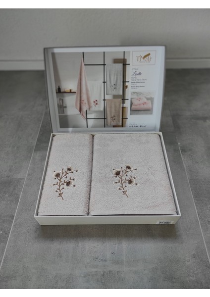 2'li Bambu Banyo Havlu Seti - Çiçek Nakışlı Havlu Takımı - Tivoli Lisette - Kapuçino modelleri