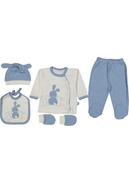 Erkek Bebek Ekru Mavi Boy Tavşan Nakışlı 5 Parça Hastane Çıkışı