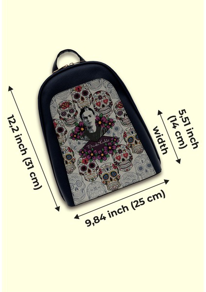 Kadın Vegan Deri Siyah Sırt Çantası - FKL Remembrance OF Frida Tasarım