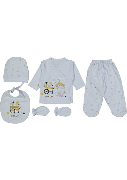 Erkek Bebek Mavi Star Car Ayılı Desenli 5 Parça Hastane Çıkış Seti