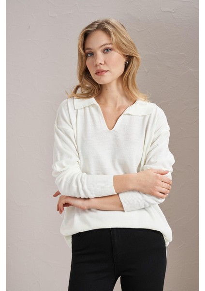 Kadın Ekru Gömlek Yaka Basic Triko Kazak