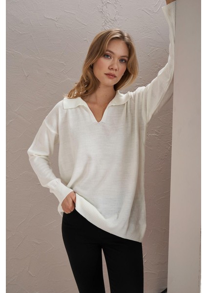 Kadın Ekru Gömlek Yaka Basic Triko Kazak fiyatları