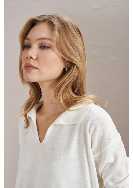 Kadın Ekru Gömlek Yaka Basic Triko Kazak modelleri