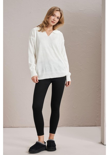 Kadın Ekru Gömlek Yaka Basic Triko Kazak fırsatları