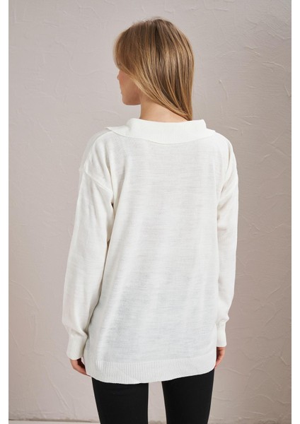 Kadın Ekru Gömlek Yaka Basic Triko Kazak indirimleri