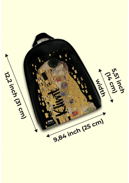 Kadın Vegan Deri Siyah Sırt Çantası - Gustav Klimt The Kiss Muse Tasarım