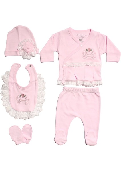 Kız Bebek Pembe Çiçek Nakışlı Dantelli 5 Parça Hastane Çıkış Seti