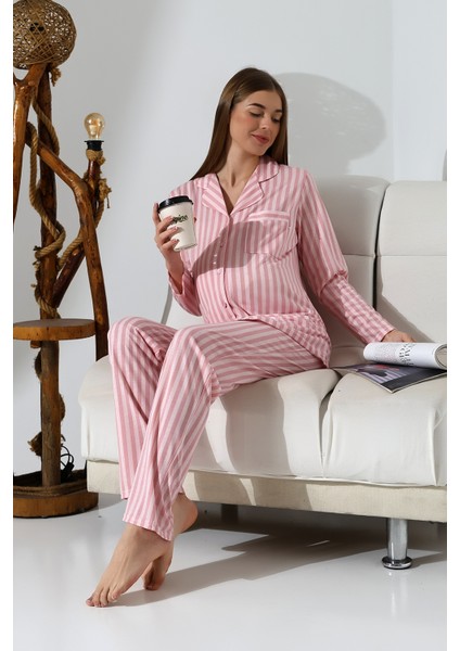 Penye Önden Düğmeli Hamile Lohusa Uzun Kol Pijama Takımı