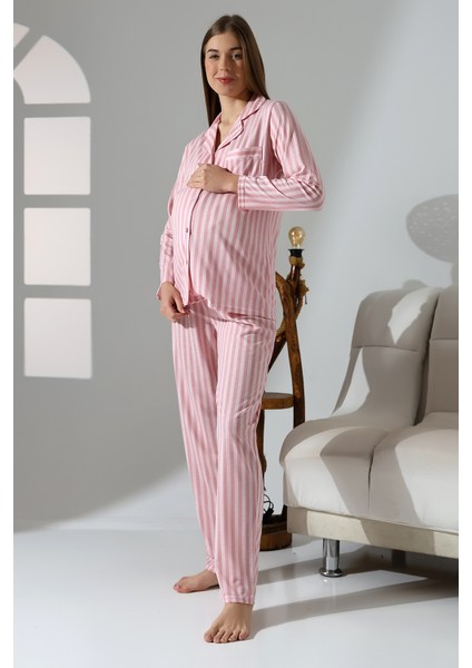 Penye Önden Düğmeli Hamile Lohusa Uzun Kol Pijama Takımı fiyatları