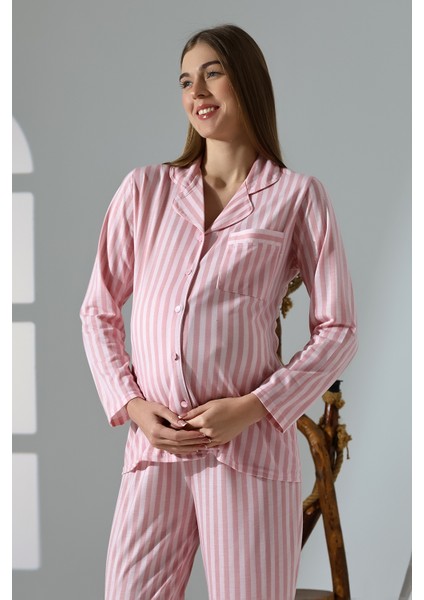 Penye Önden Düğmeli Hamile Lohusa Uzun Kol Pijama Takımı modelleri