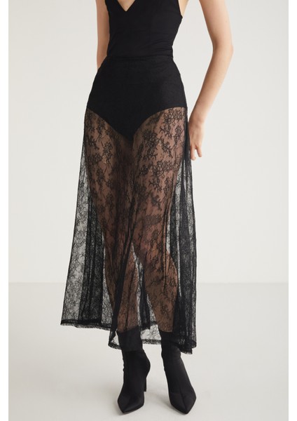 Fleur Kadın Siyah Dantel Midi etek Siyah Etek