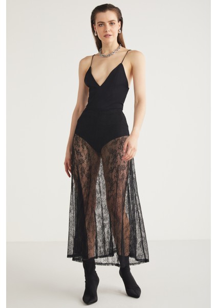 Fleur Kadın Siyah Dantel Midi etek Siyah Etek