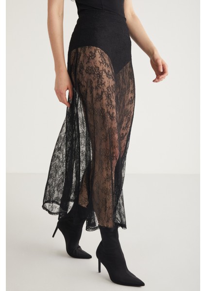 Fleur Kadın Siyah Dantel Midi etek Siyah Etek