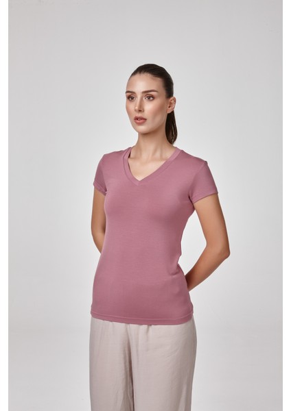 Kadın Kısa Kollu V Yaka Body T-Shirt Fit Kalıp