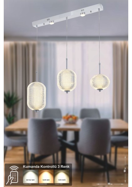 Torino 3'lü Power Ledli Kumandalı Modern Yemek Masası Üstü Avize, 3 Renk: Sarı-Beyaz-Gün Işığı-Krom