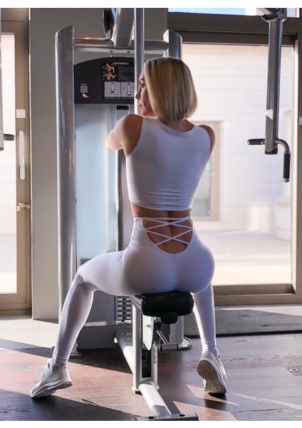Beyaz Beli Dekolte Tasarımlı Spor Tayt