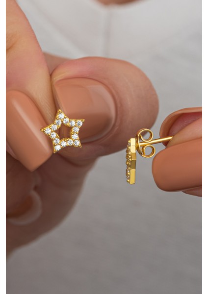 925 Ayar Gümüş Gold Zirkon Taşlı Yıldız Küpe