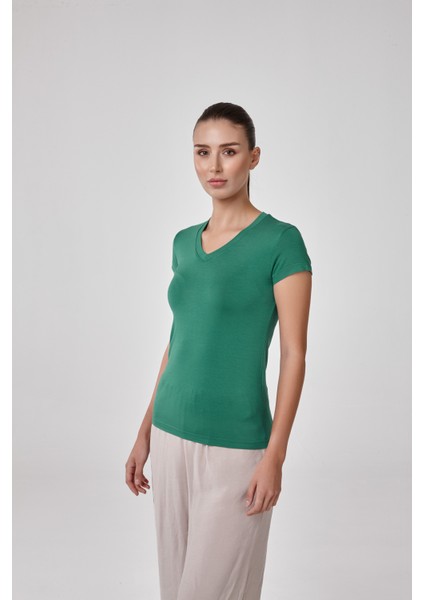 Kadın Kısa Kollu V Yaka Body T-Shirt Fit Kalıp