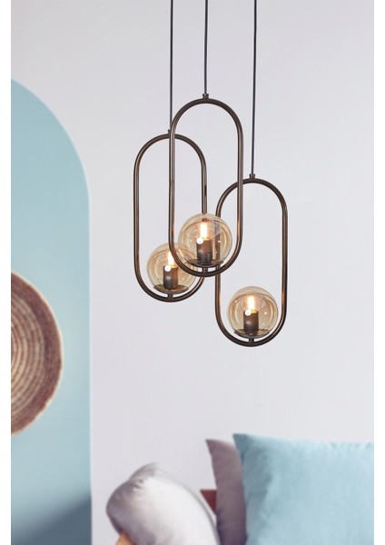 Zenga 3 Lü Eskitme Metal Gövde Bal Rengi Camlı Tasarım Lü x Avize