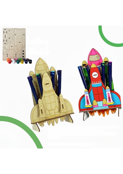 3 Boyutlu Ahşap Boyama Modeli Puzzle ve Kalemlik – Roket