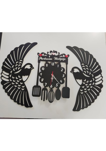 Mutfak Duvar Saati ve Kuş Süsü 3lü Set Kişiye Özel Isim Yazılı Çok Şık