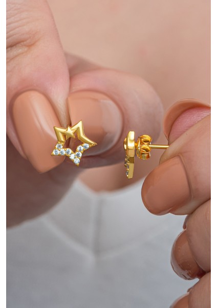 925 Ayar Gümüş Gold Kaplama Minik Zirkon Taşlı Çift Yıldız Küpe