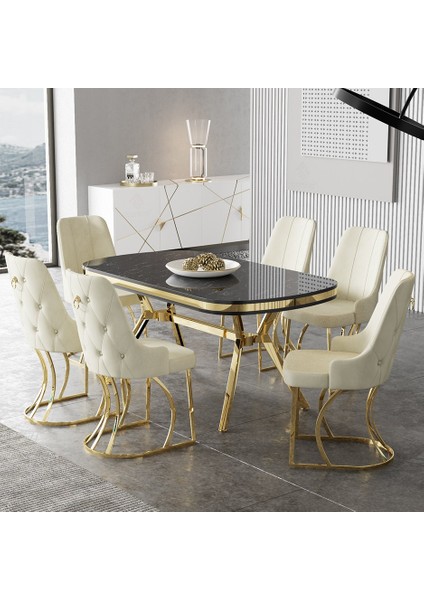 Epal Serisi 90 x 168 cm Lak Panel Siyah Mermer Desen Masa Takımı Gold Ayaklı 6 Sandalye
